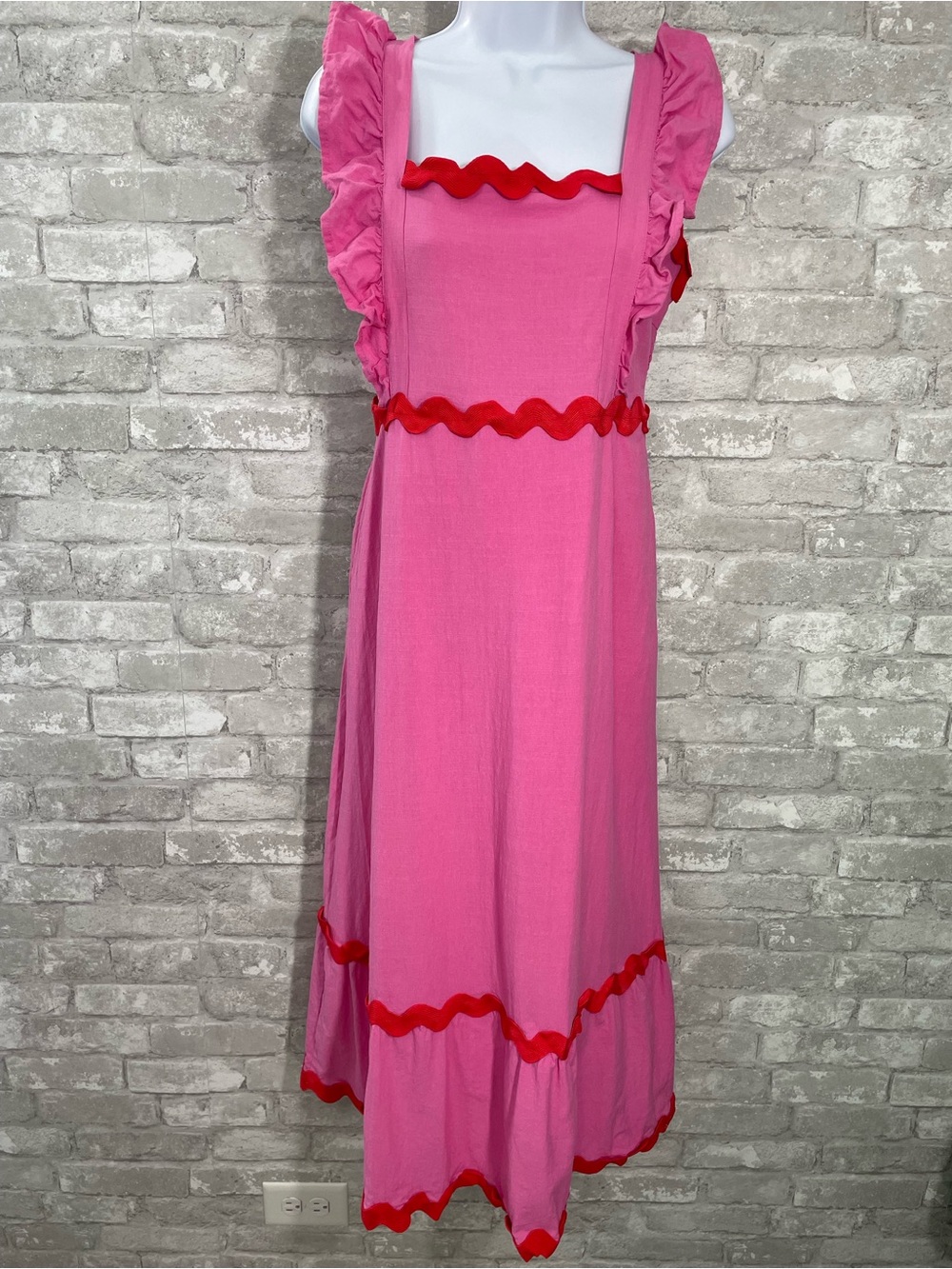 Pink Midi Dress with Red Trim - Feminine Ruffle Detail